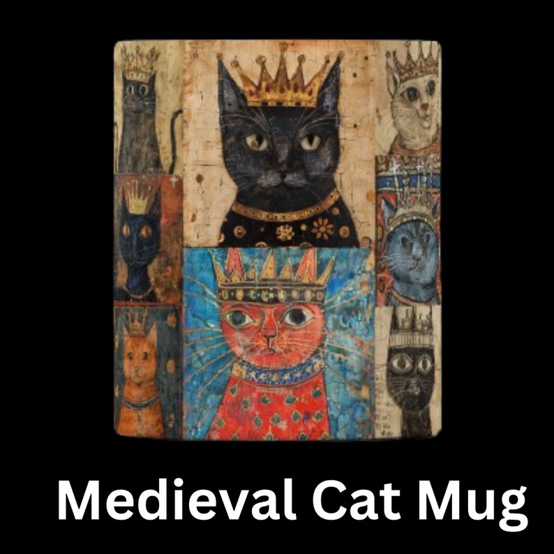 Medieval Crowned Cat Mug: Illuminated Manuscript Style, Cat Gift