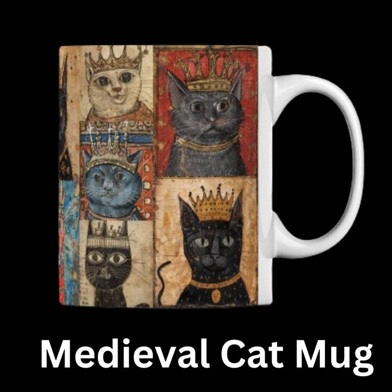 Medieval Crowned Cat Mug: Illuminated Manuscript Style, Cat Gift