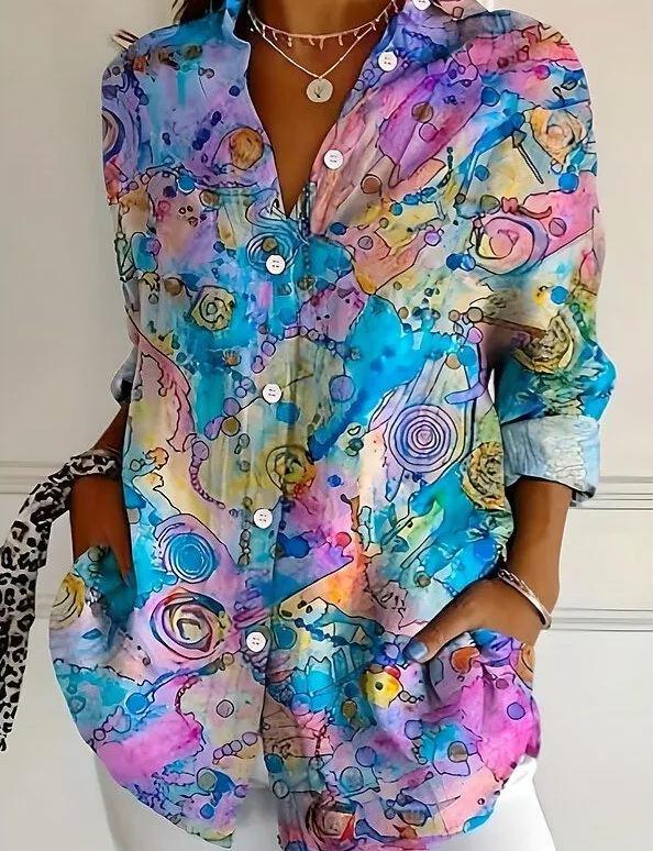 Women's Three Quarter Sleeve Shirt Spring/Fall As Picture Floral Printing Shirt Collar Daily Going Out Casual Top
