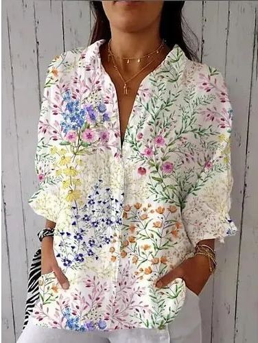 Women's Three Quarter Sleeve Shirt Spring/Fall As Picture Floral Printing Shirt Collar Daily Going Out Casual Top