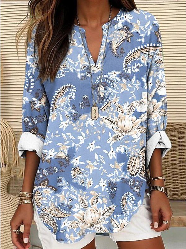 Women's Cotton Retro Color-block Floral Art Print Neck Solid Color Loose Beach Shirt