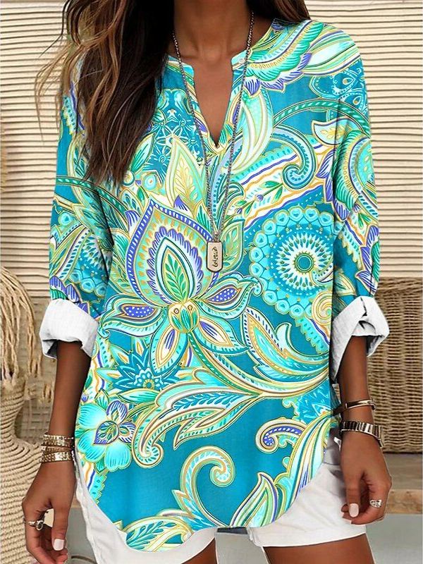 Women's Cotton Retro Color-block Floral Art Print Neck Solid Color Loose Beach Shirt