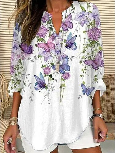 Women's Cotton Retro Color-block Floral Art Print Neck Solid Color Loose Beach Shirt