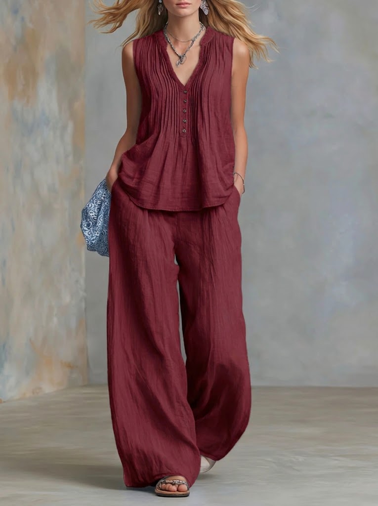 Casual Linen And Cotton Pleated Sleeveless Top And Pants Two-piece Set Plus Size Friendly