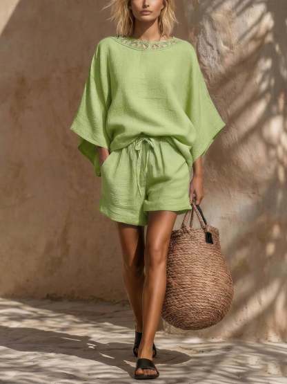 New Arrivals🔥Women's Minimalist And Elegant Lace-trimmed Linen And Cotton Two-piece Set