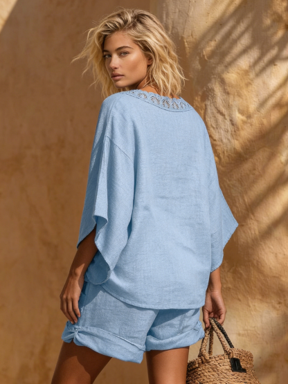 New Arrivals🔥Women's Minimalist And Elegant Lace-trimmed Linen And Cotton Two-piece Set