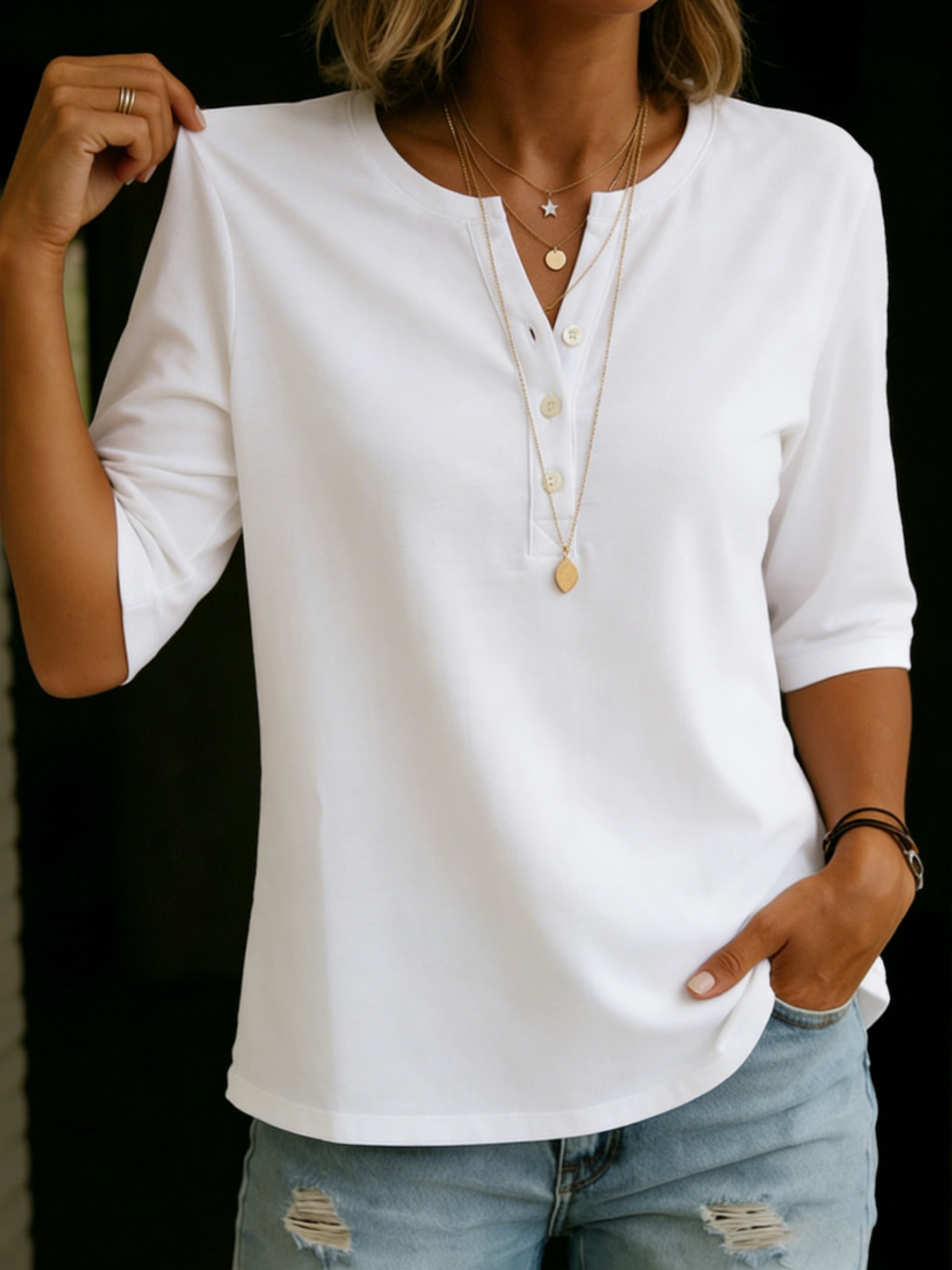 NEW🔥 Women's Classic Henley Collar 100% Cotton T-shirt