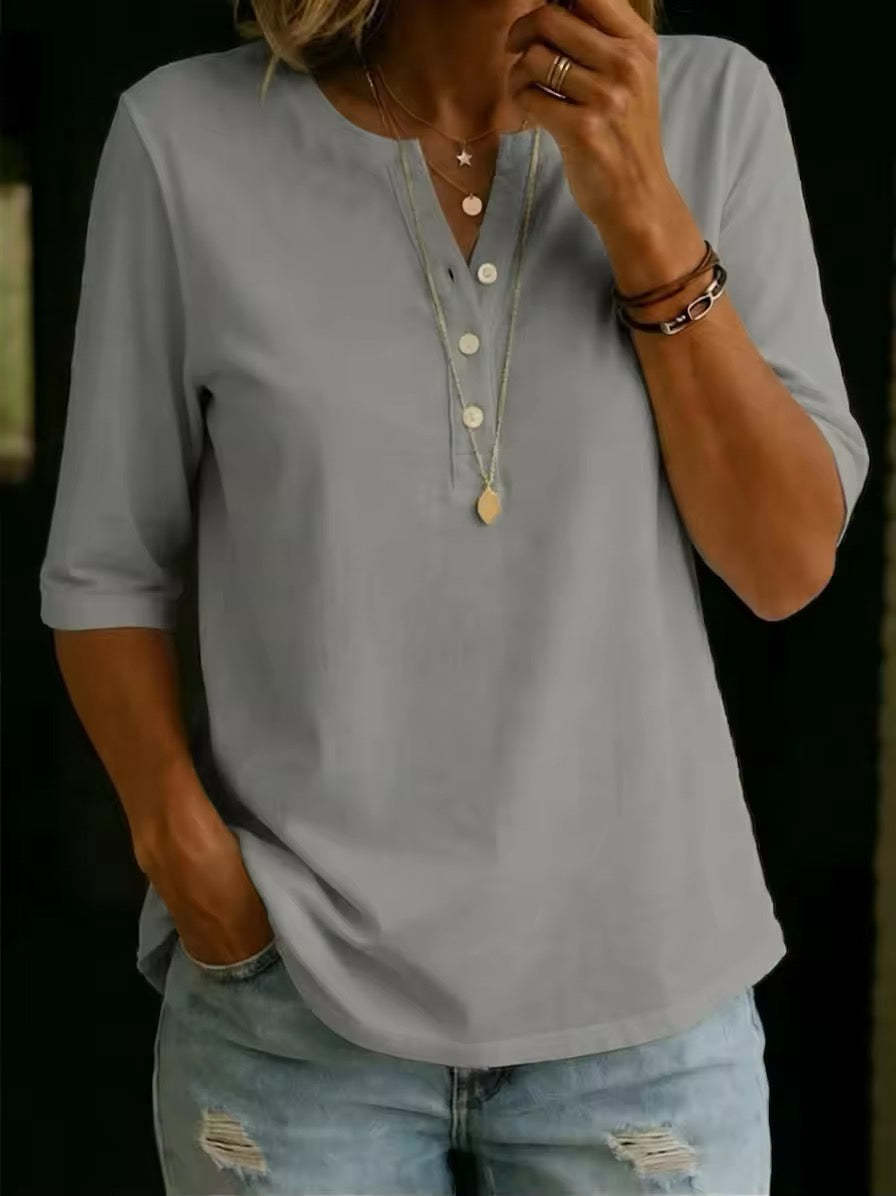 NEW🔥 Women's Classic Henley Collar 100% Cotton T-shirt