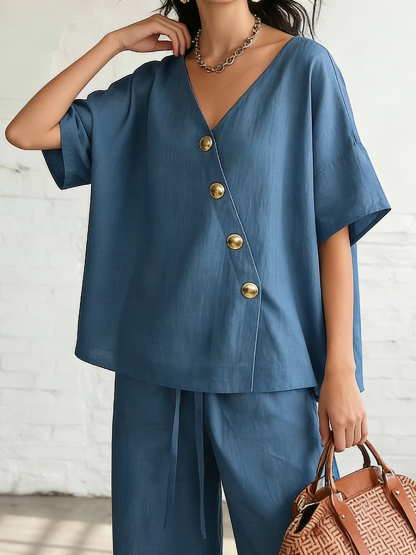 New Arrivals🔥Women's Cozy & Elegant Metal Buttons Cotton-linen Two-piece Set