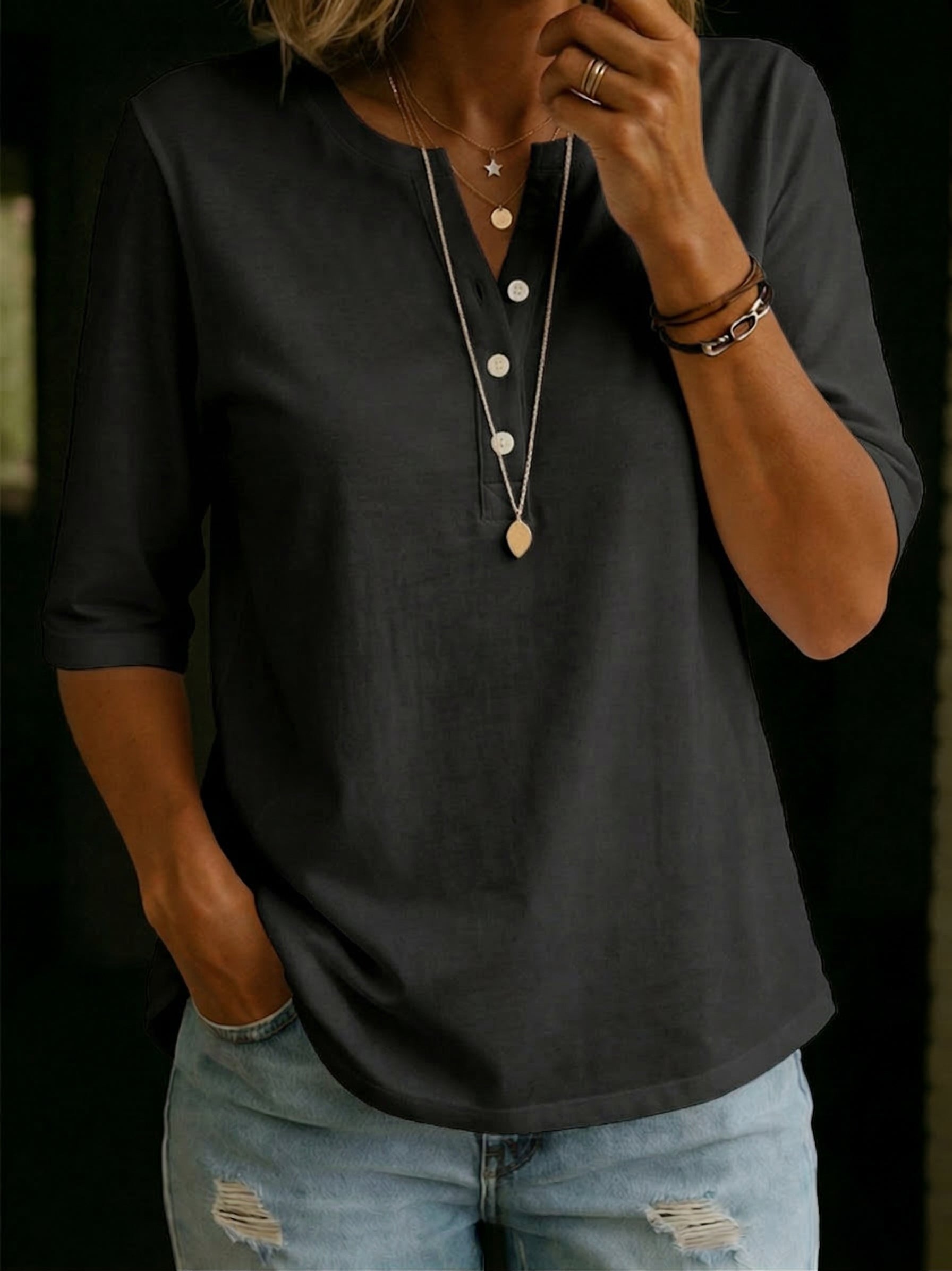 NEW Women's Classic Henley Collar 100% Cotton T-shirt