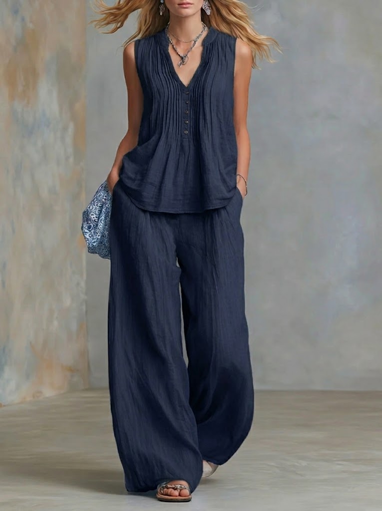 Casual Linen And Cotton Pleated Sleeveless Top And Pants Two-piece Set  ✨Plus Size Friendly
