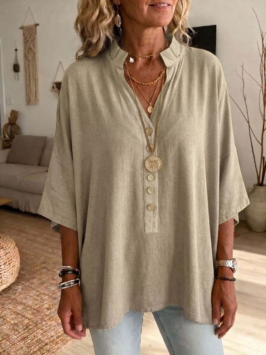Women's Solid-color V-neck Short-sleeve Casual Loose Cotton-linen Top