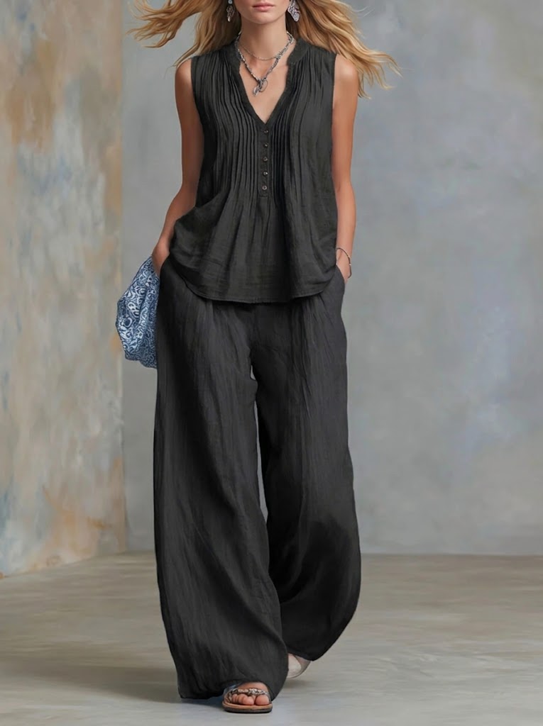 Casual Linen And Cotton Pleated Sleeveless Top And Pants Two-piece Set  ✨Plus Size Friendly