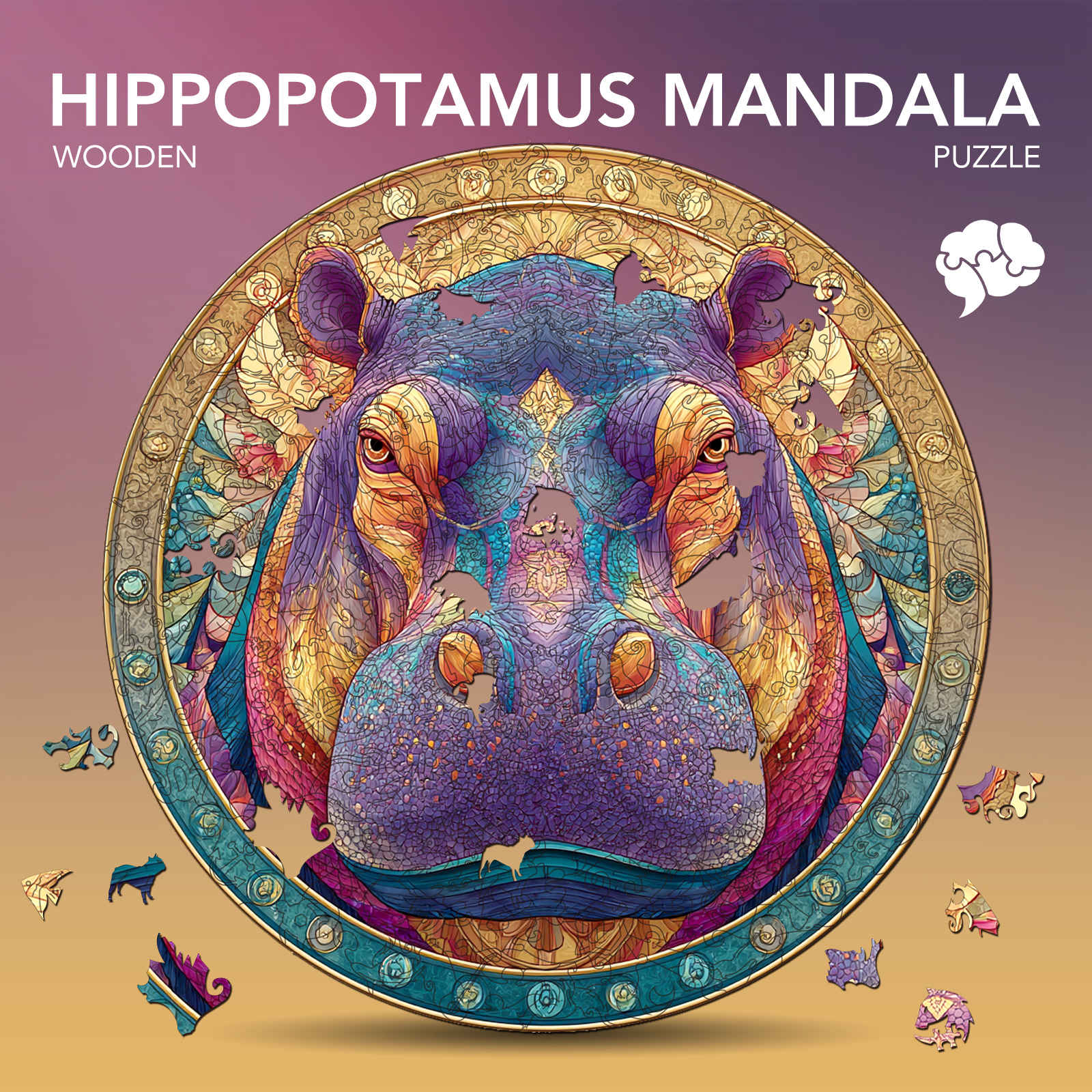 Hippopotamus Mandala Wooden Jigsaw Puzzle