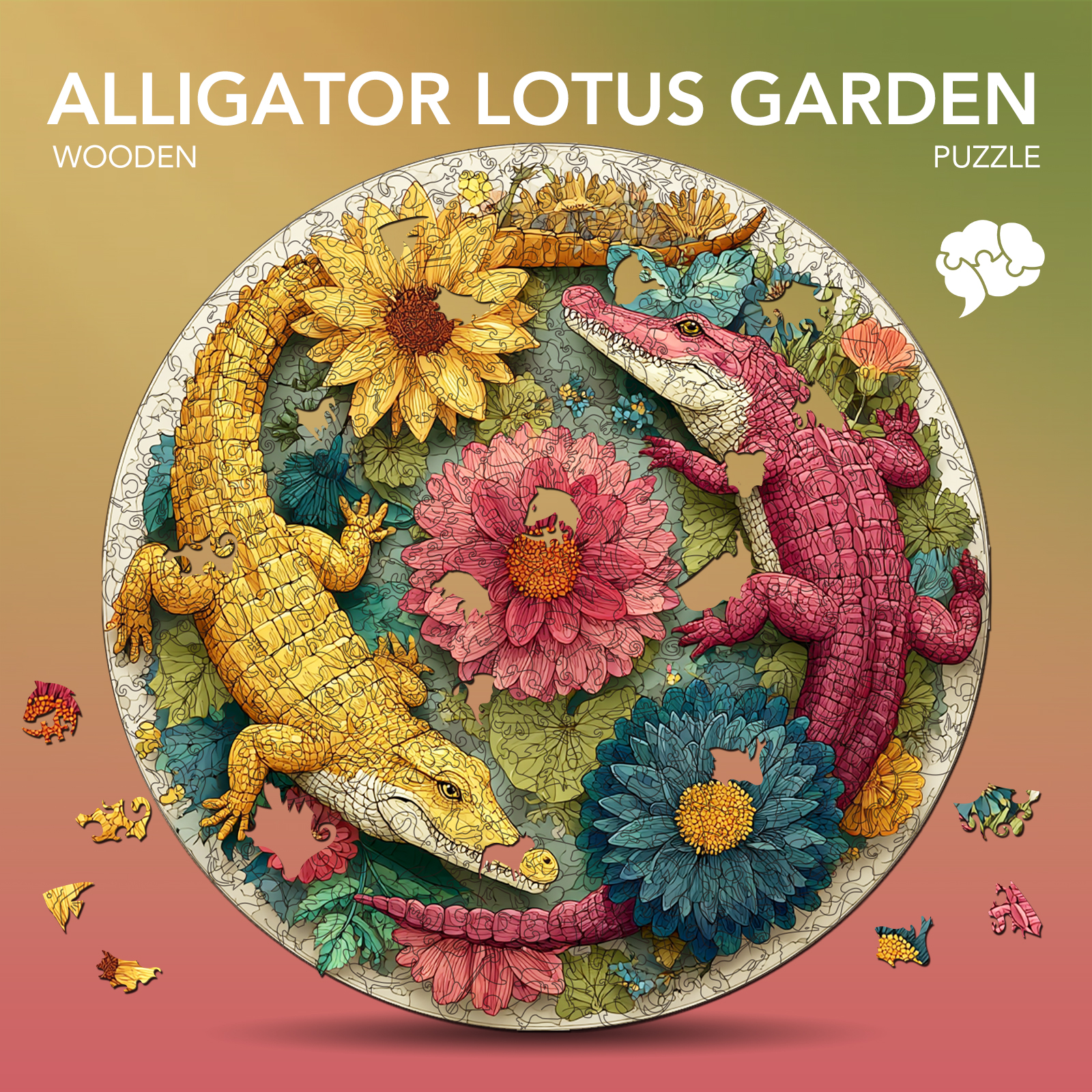 Alligator Lotus Garden Wooden Jigsaw Puzzle