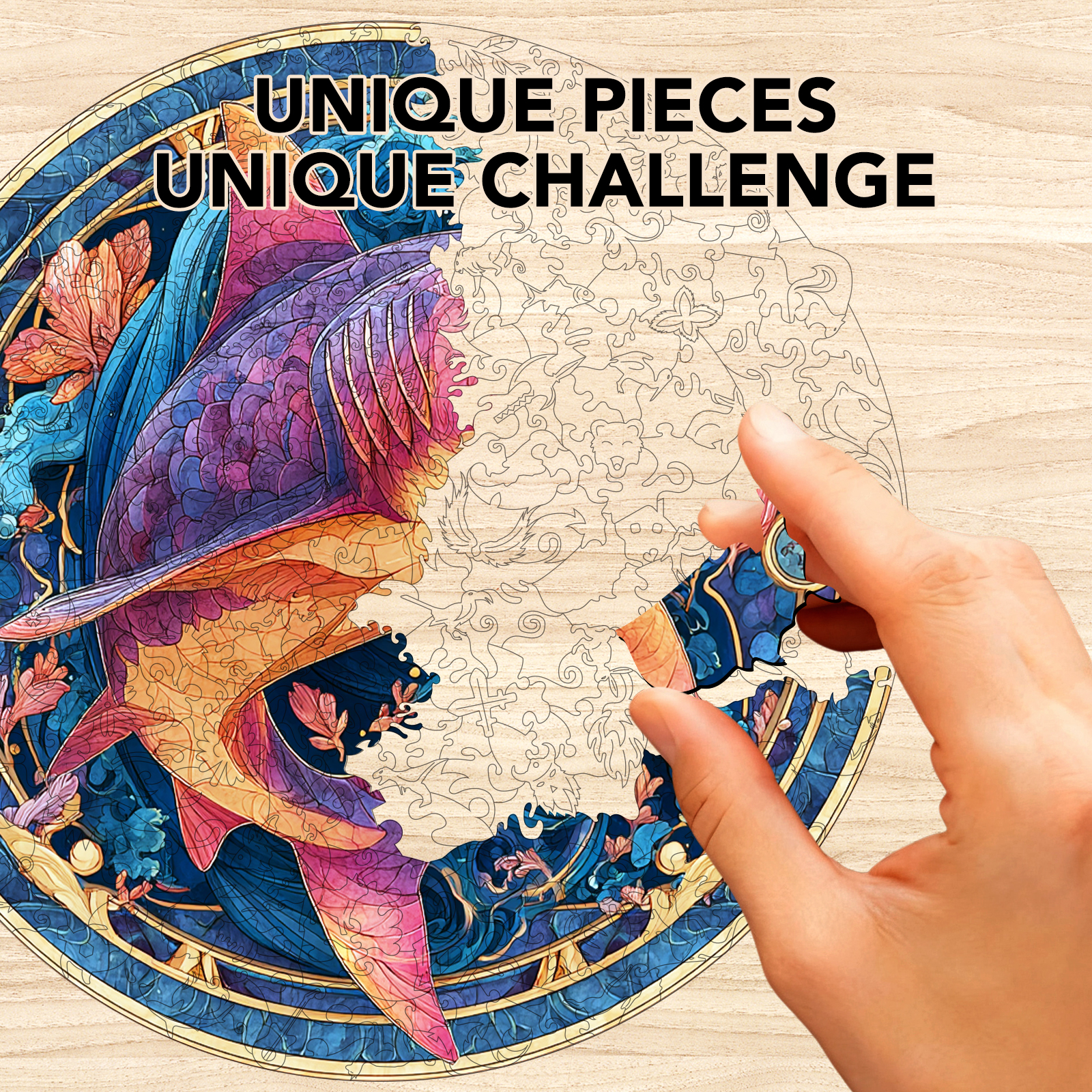 Neon Shark Silhouette Wooden Jigsaw Puzzle