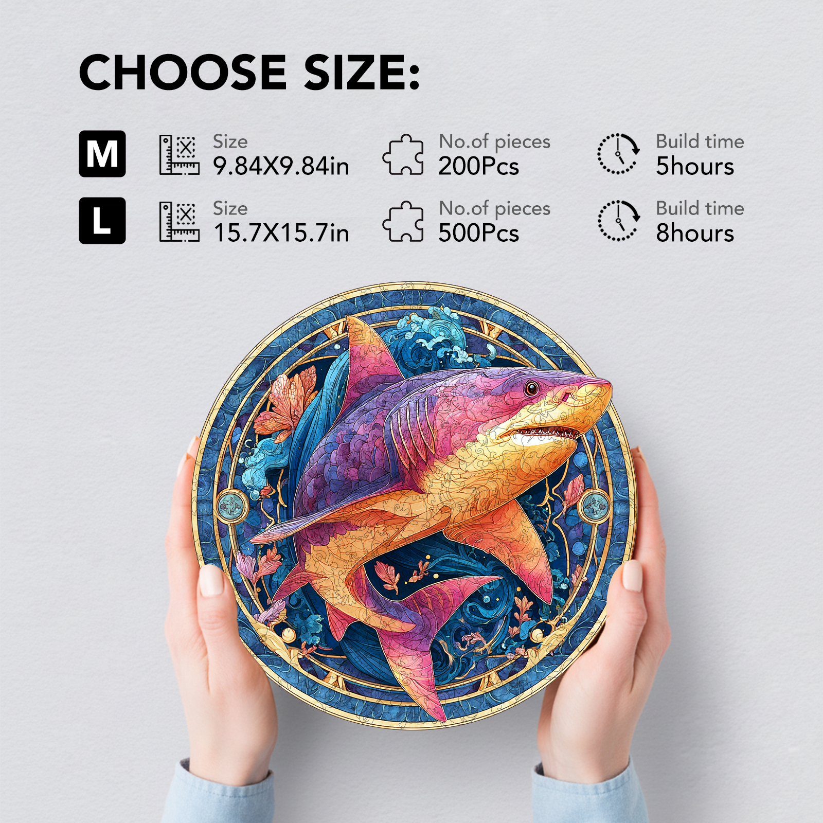 Neon Shark Silhouette Wooden Jigsaw Puzzle