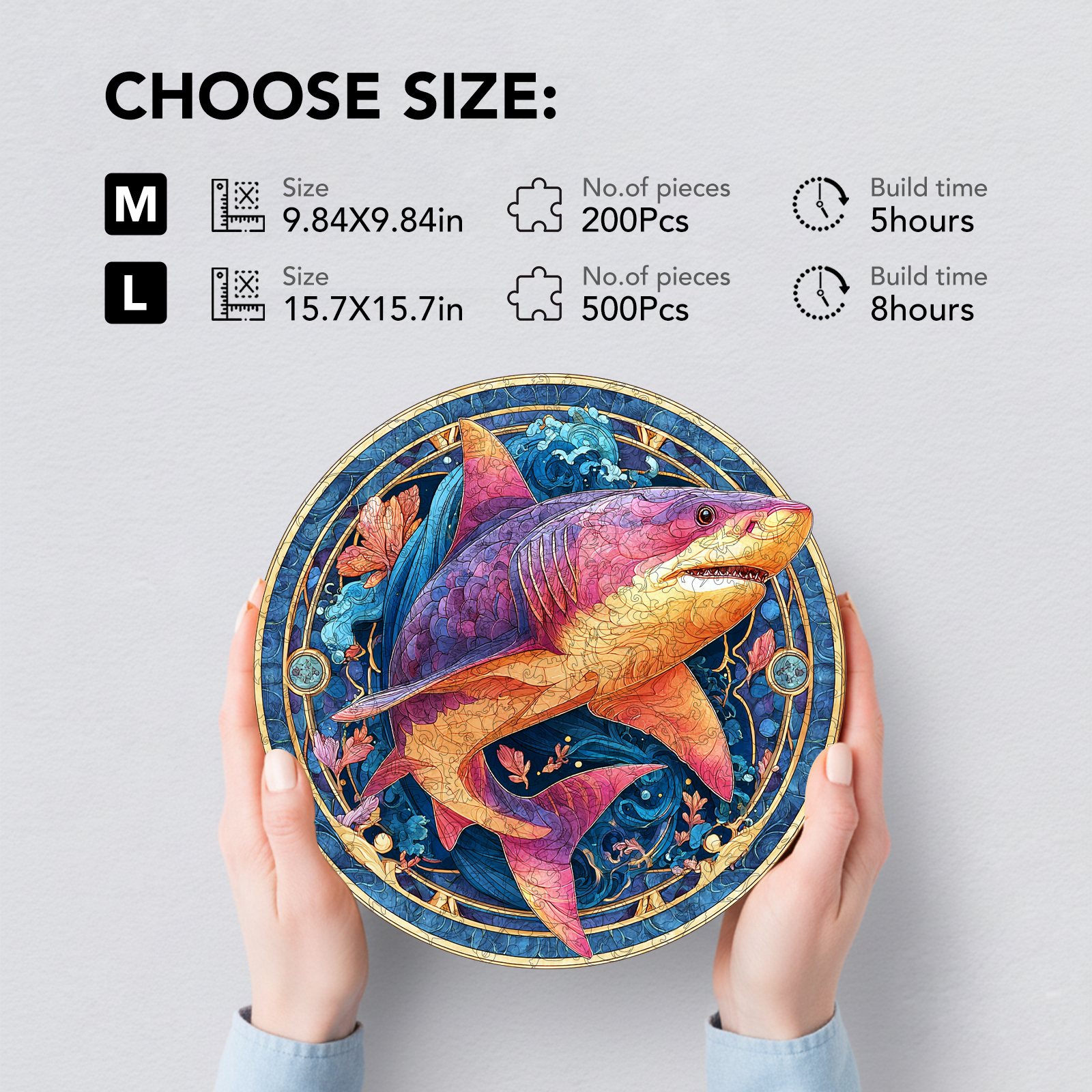 Neon Shark Silhouette Wooden Jigsaw Puzzle