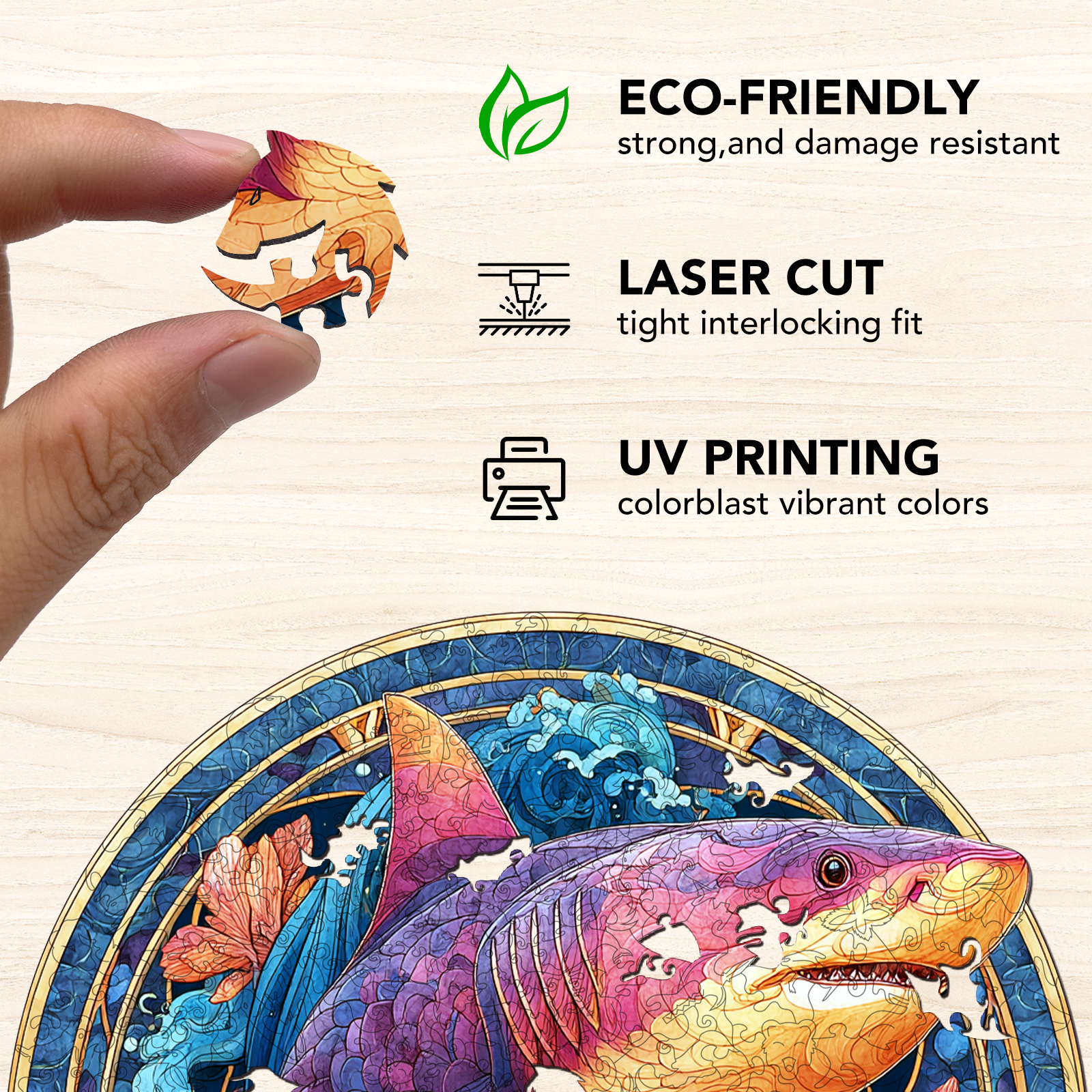 Neon Shark Silhouette Wooden Jigsaw Puzzle