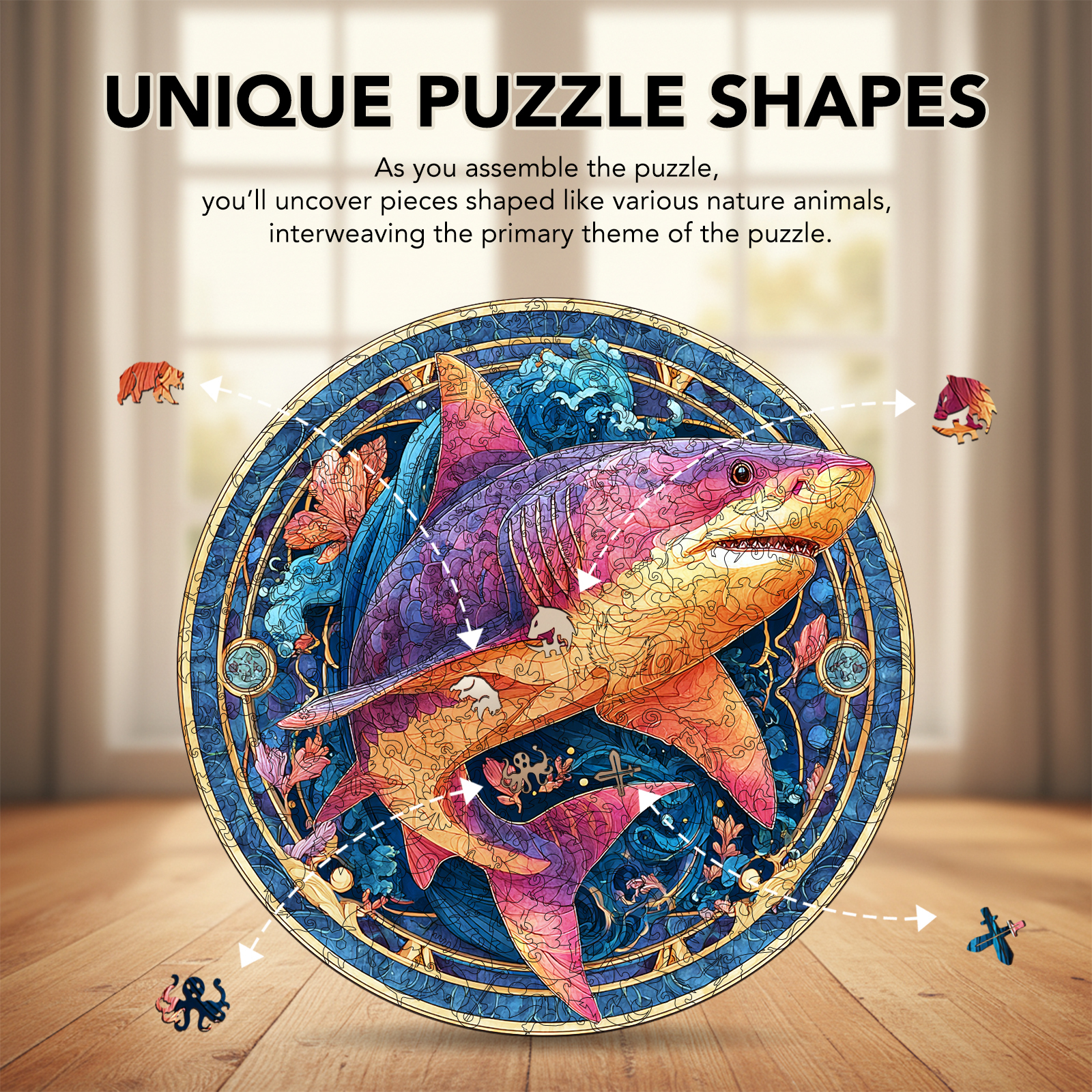 Neon Shark Silhouette Wooden Jigsaw Puzzle