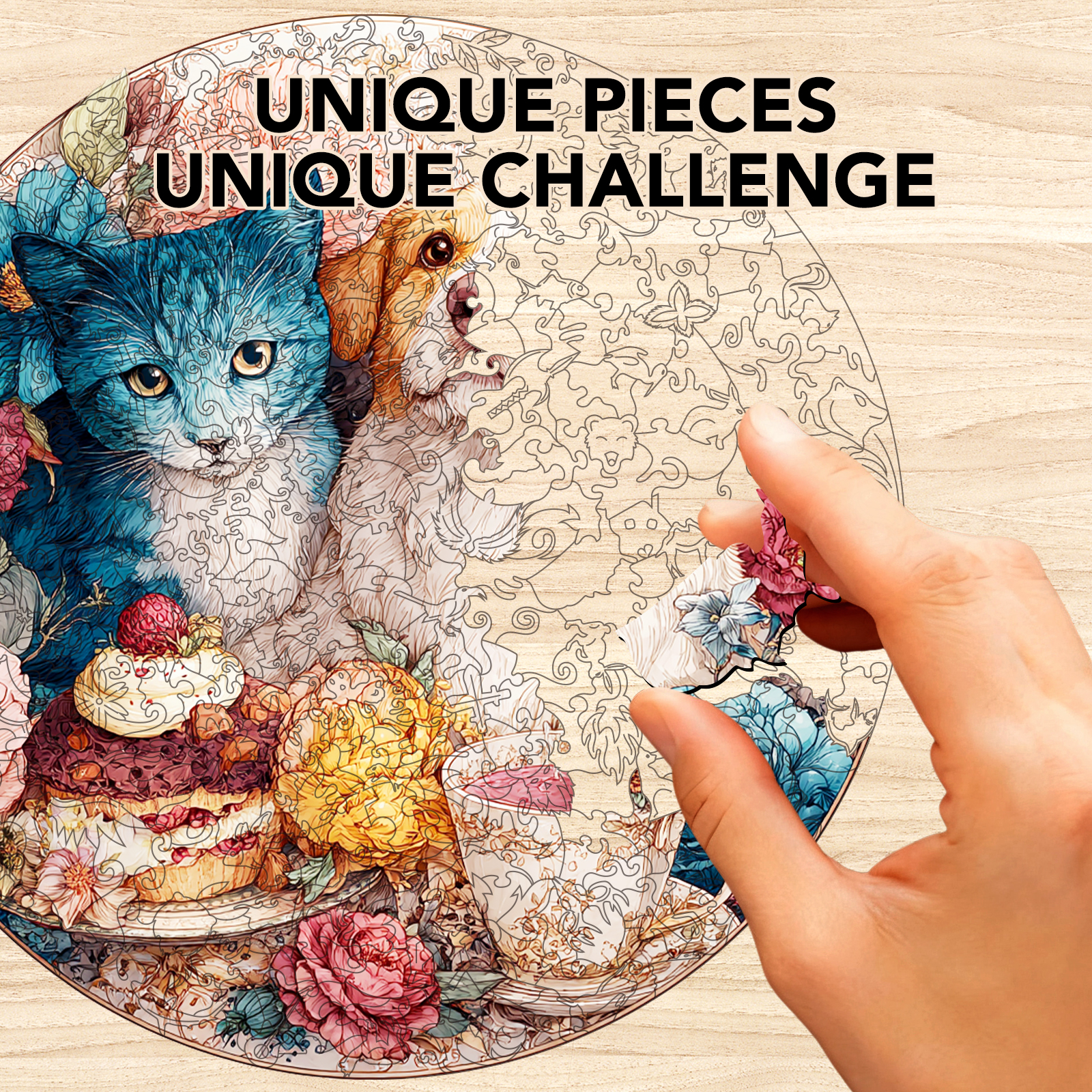 Cat-Dog Tea Party Wooden Jigsaw Puzzle