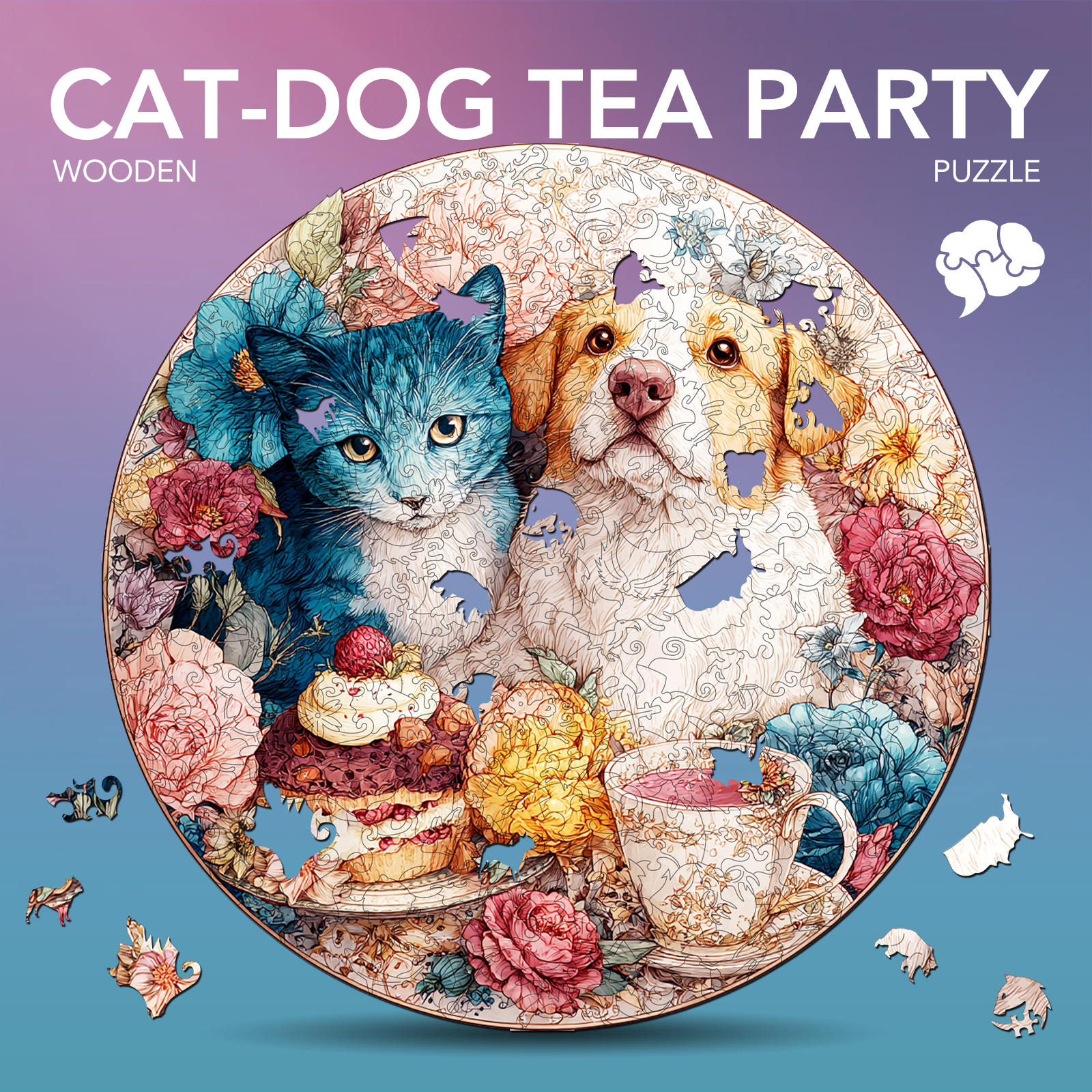 Cat-Dog Tea Party Wooden Jigsaw Puzzle
