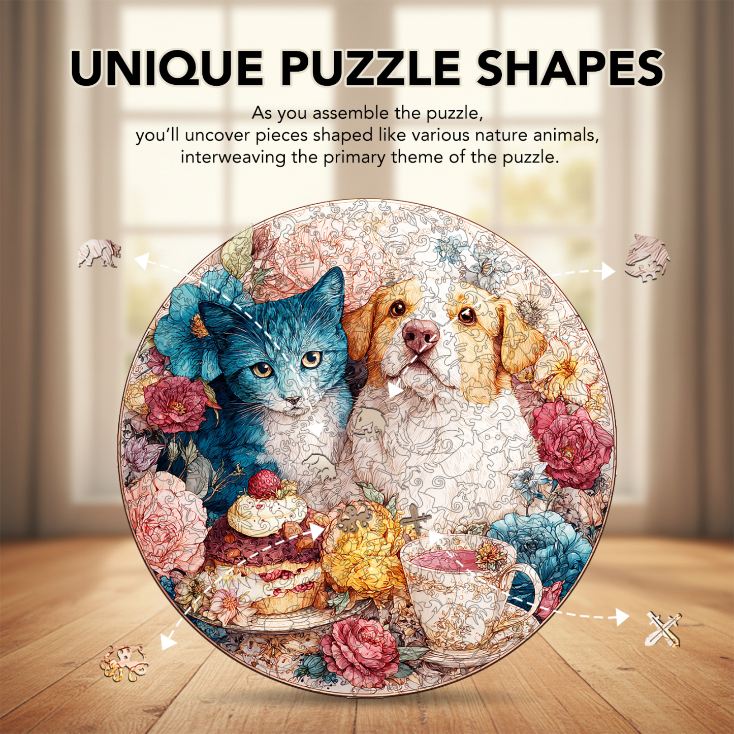 Cat-Dog Tea Party Wooden Jigsaw Puzzle