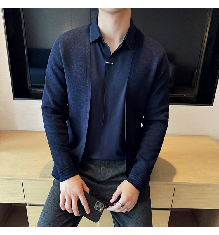 Men's fake two piece shirt sweater cardigan