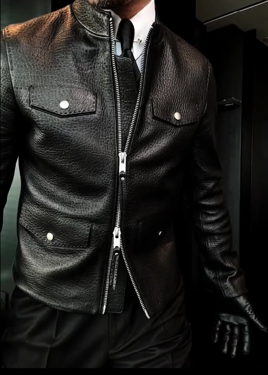 Leather Slim Fit Trucker Jacket-Men