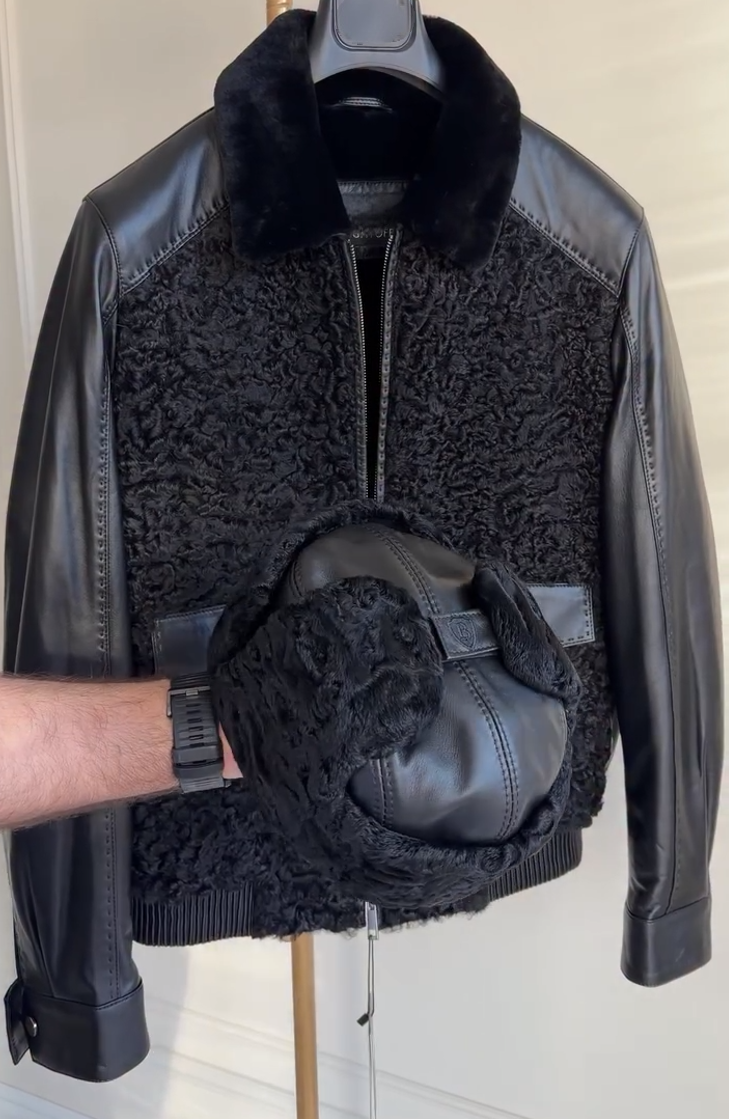 Men's suede jacket with mink fur collar