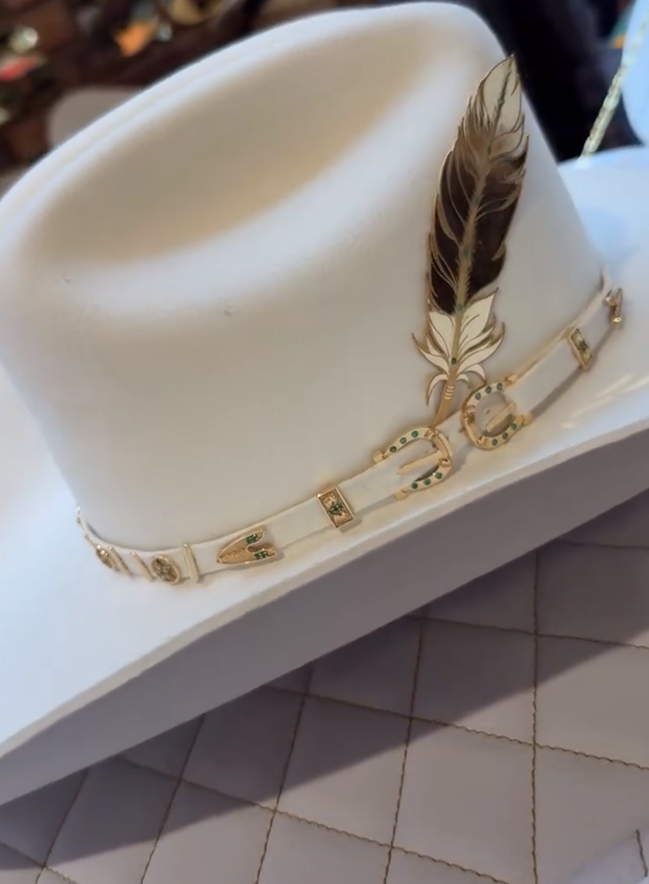 Metallic Feather Emerald Decorated Cowboy Hat