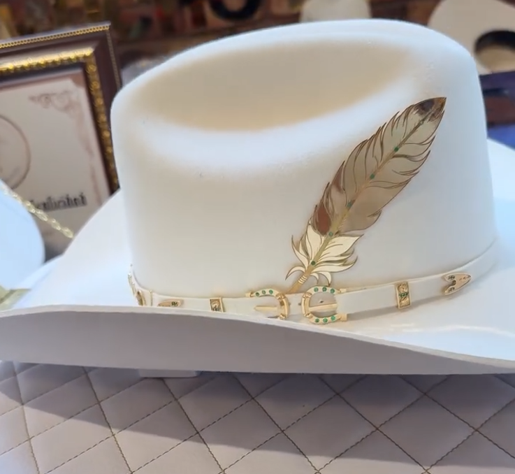 Metallic Feather Emerald Decorated Cowboy Hat