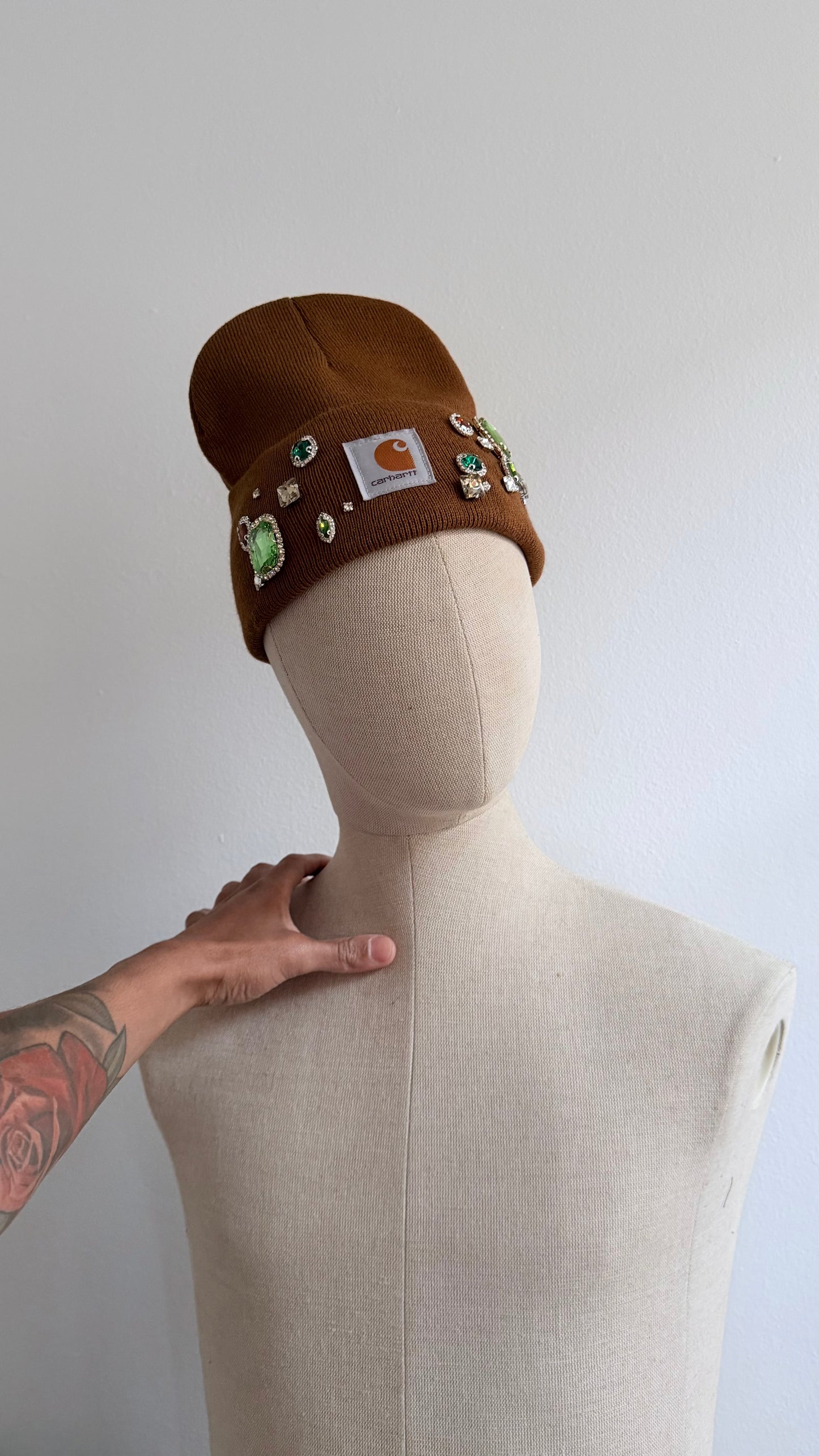 Earth-toned rhinestone knit hat