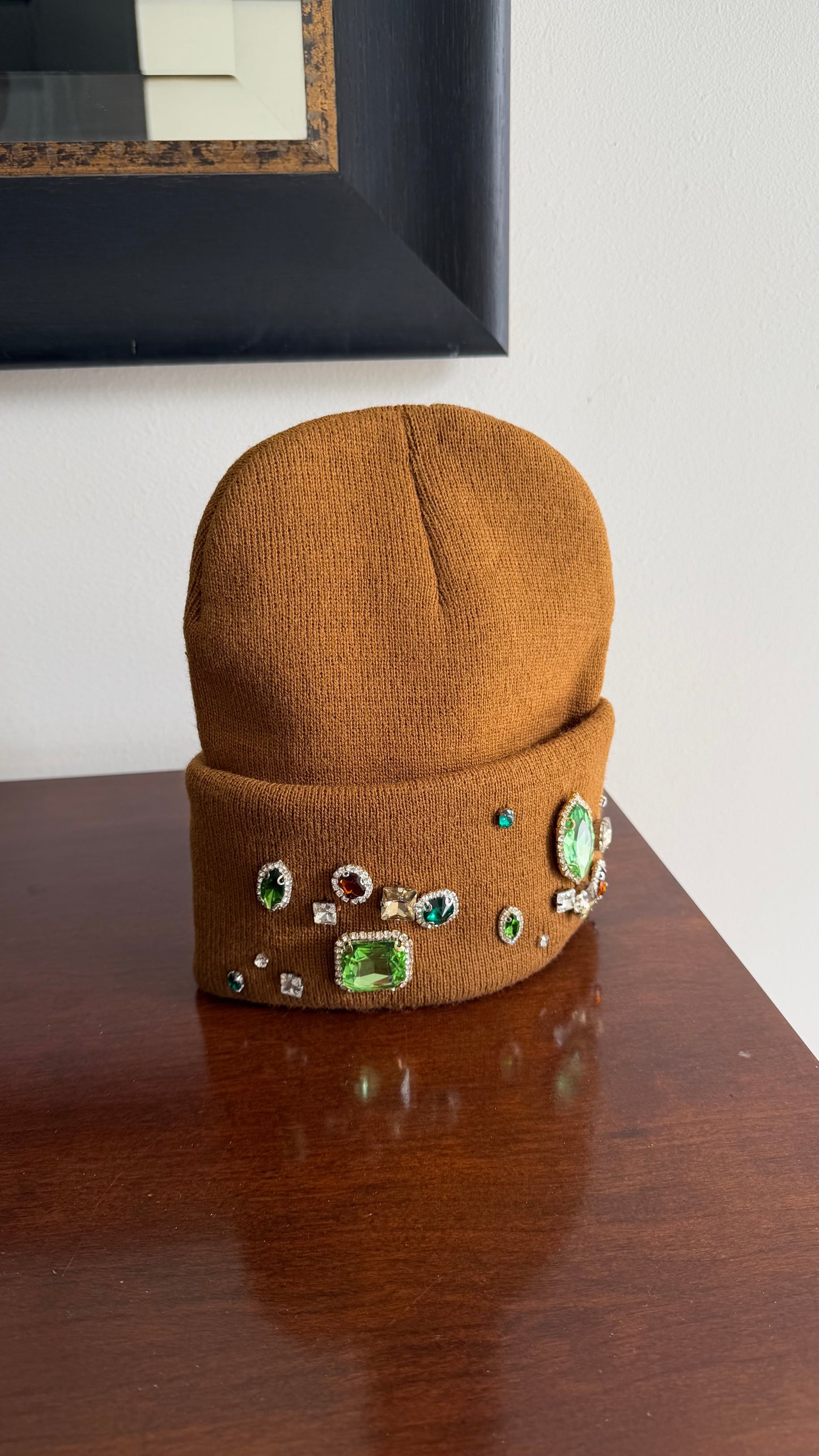 Earth-toned rhinestone knit hat
