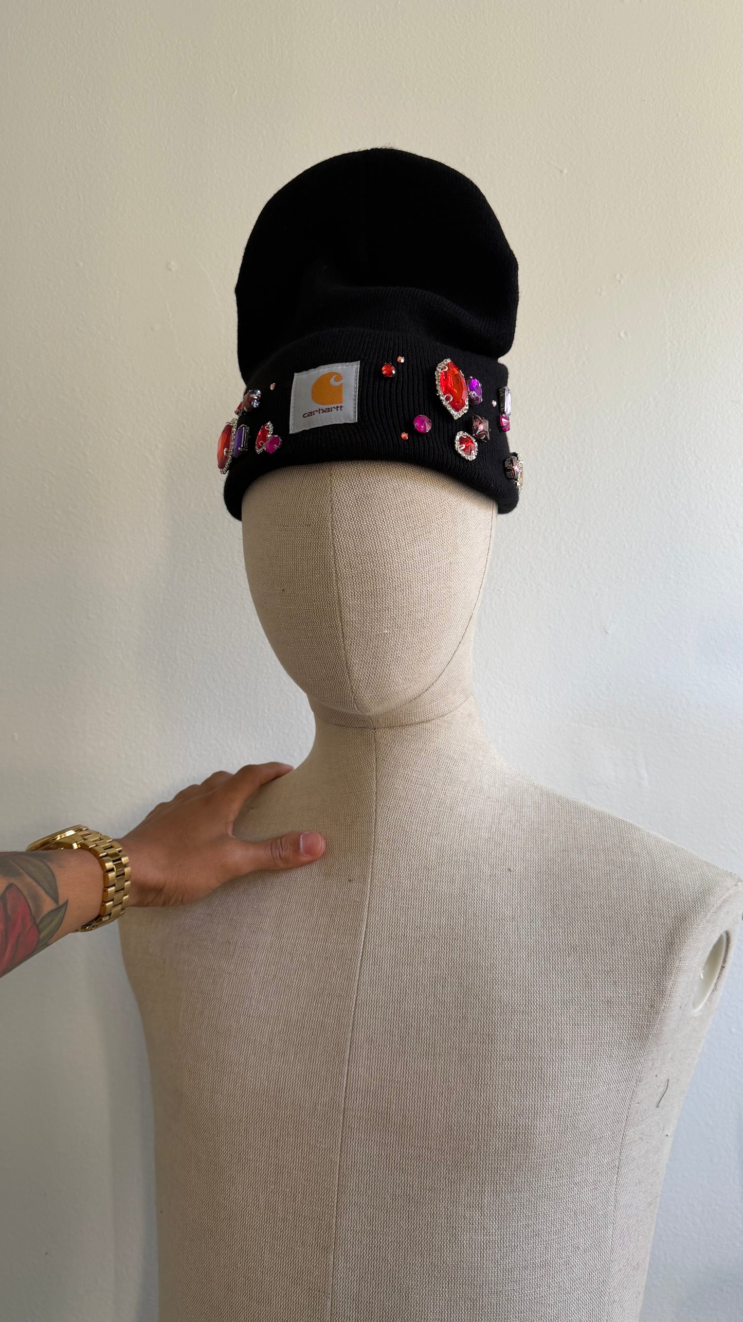 Earth-toned rhinestone knit hat