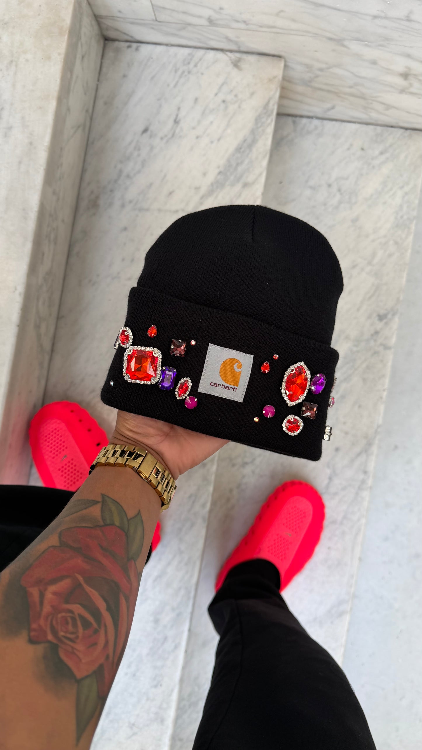 Earth-toned rhinestone knit hat