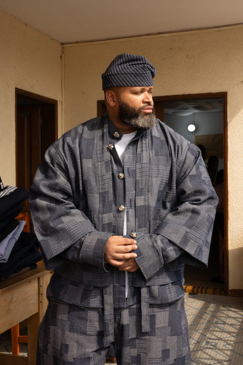 Blue Kimono Patchwork Woven Denim Suit