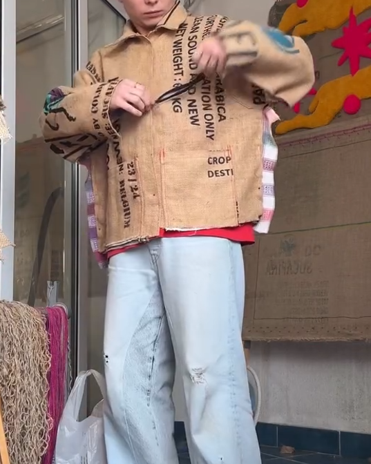 Jacket made from coffee sacks