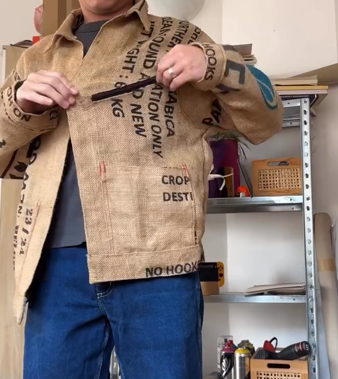 Jacket made from coffee sacks