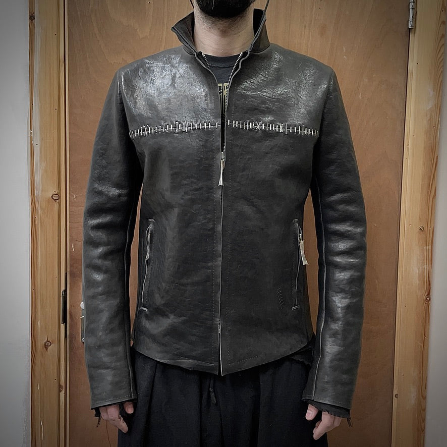 Hand-stapled leather jacket
