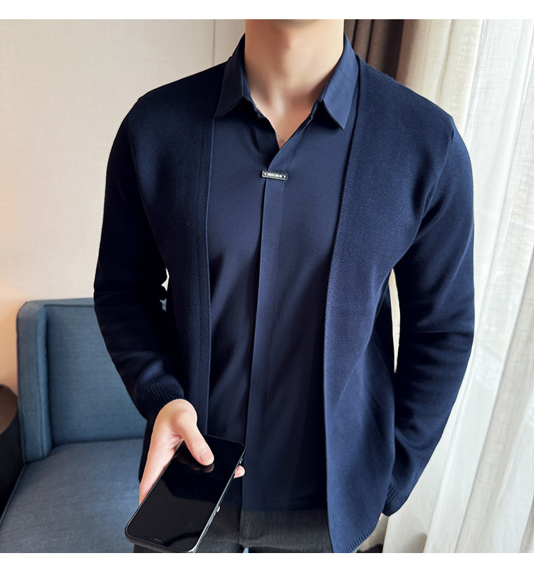 Men's fake two piece shirt sweater cardigan