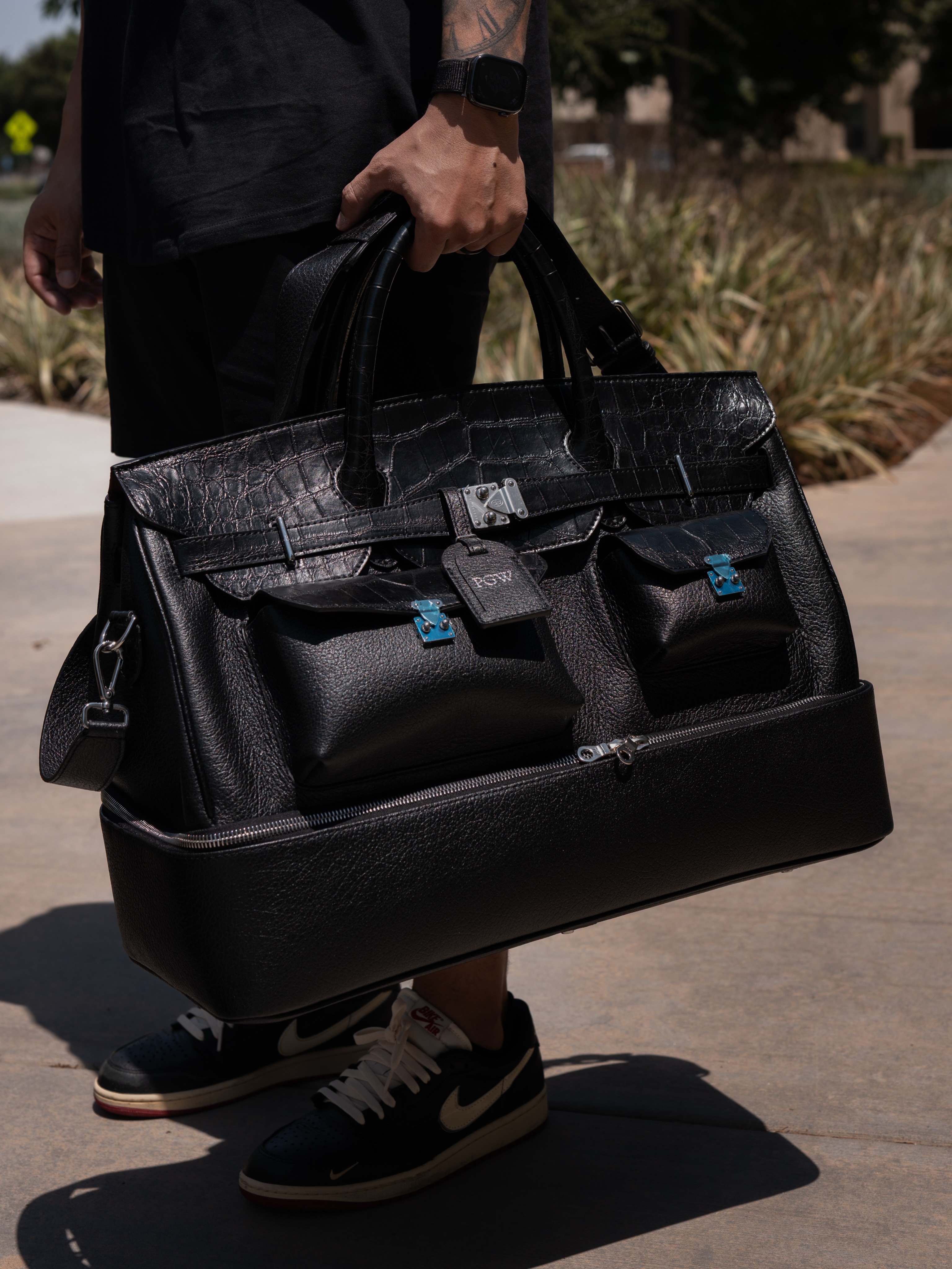 Multifunctional Laptop Bag in Platinum-Tone Crocodile-Embossed Leather