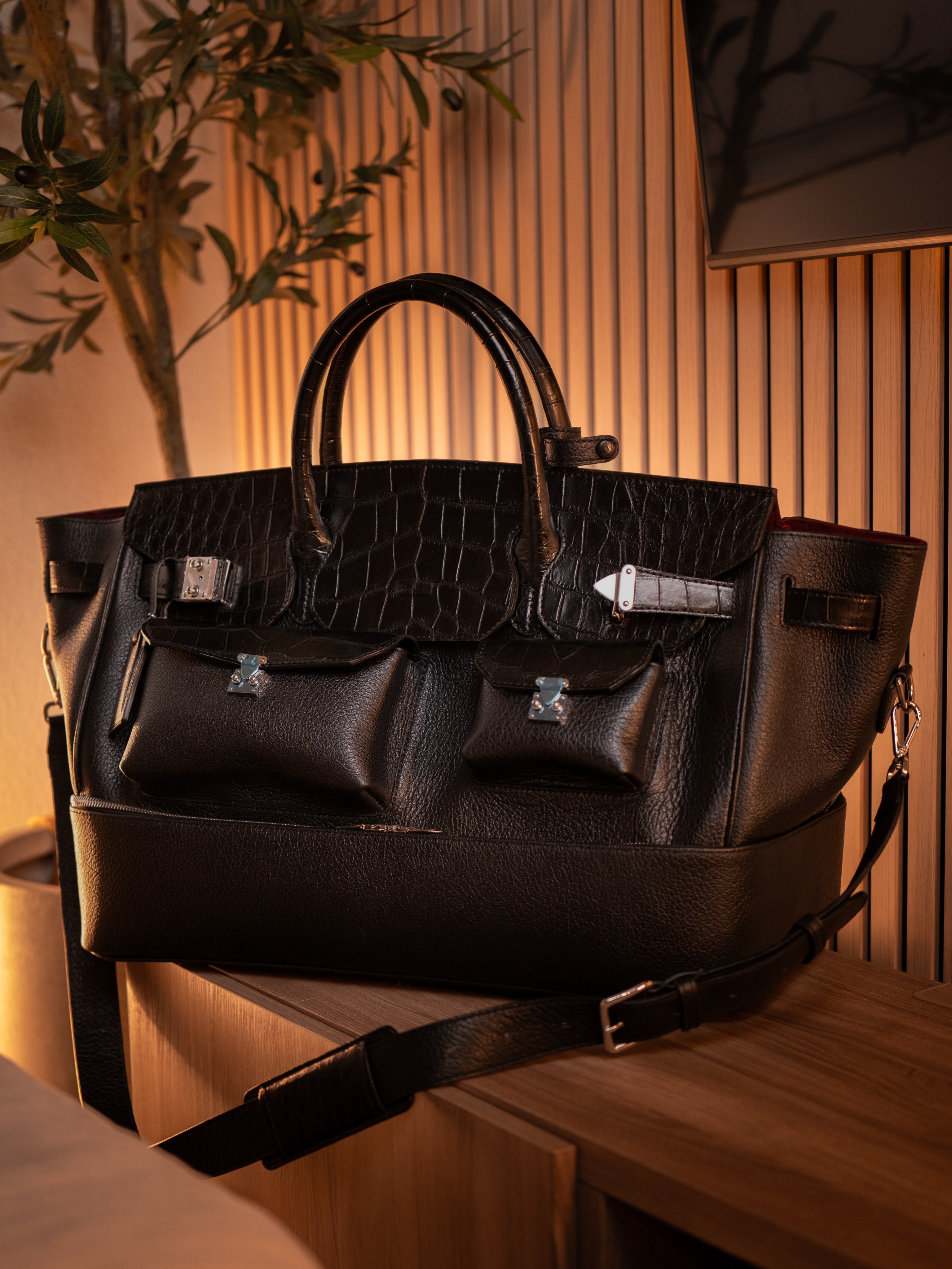 Multifunctional Laptop Bag in Platinum-Tone Crocodile-Embossed Leather