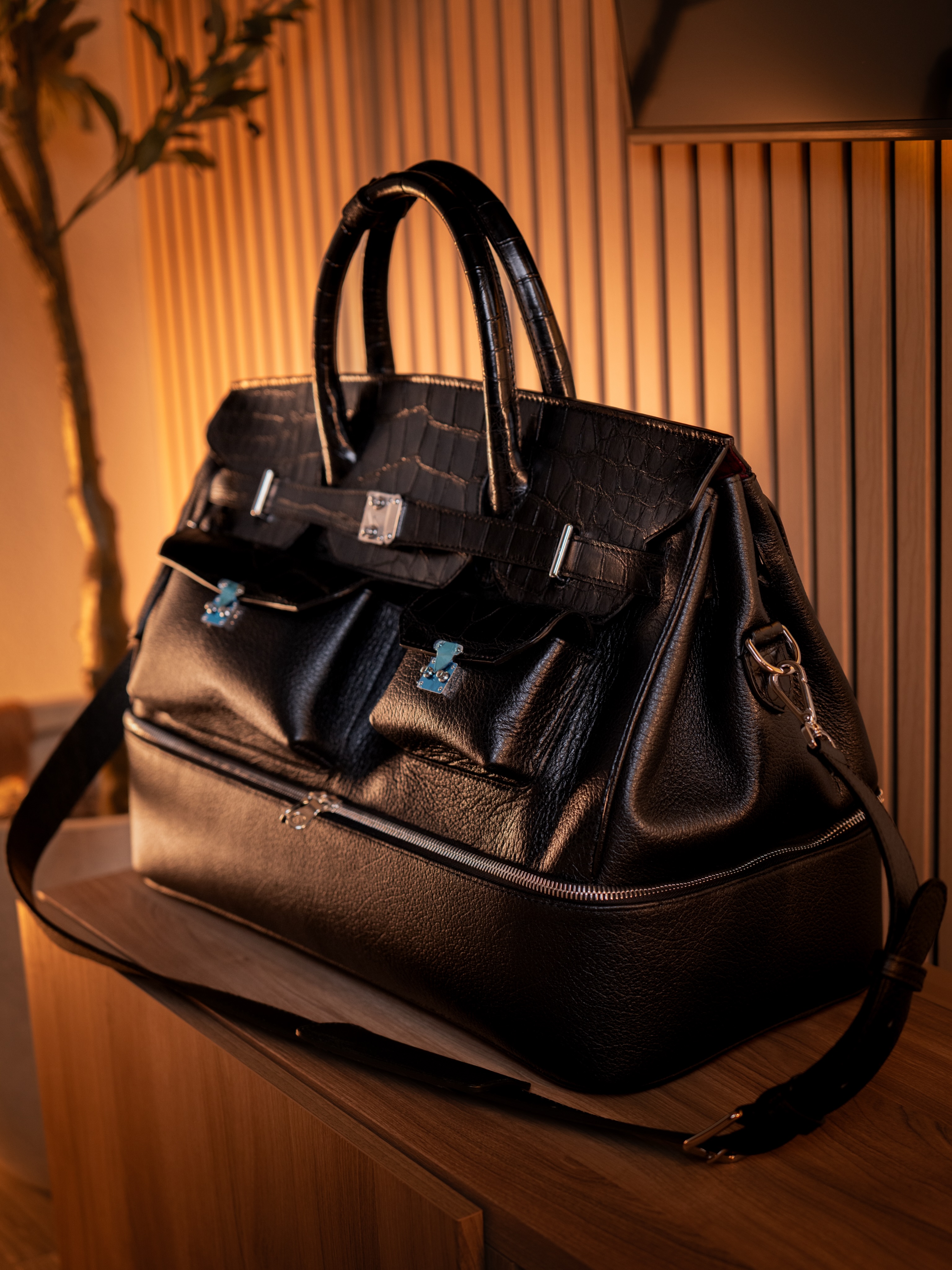 Multifunctional Laptop Bag in Platinum-Tone Crocodile-Embossed Leather
