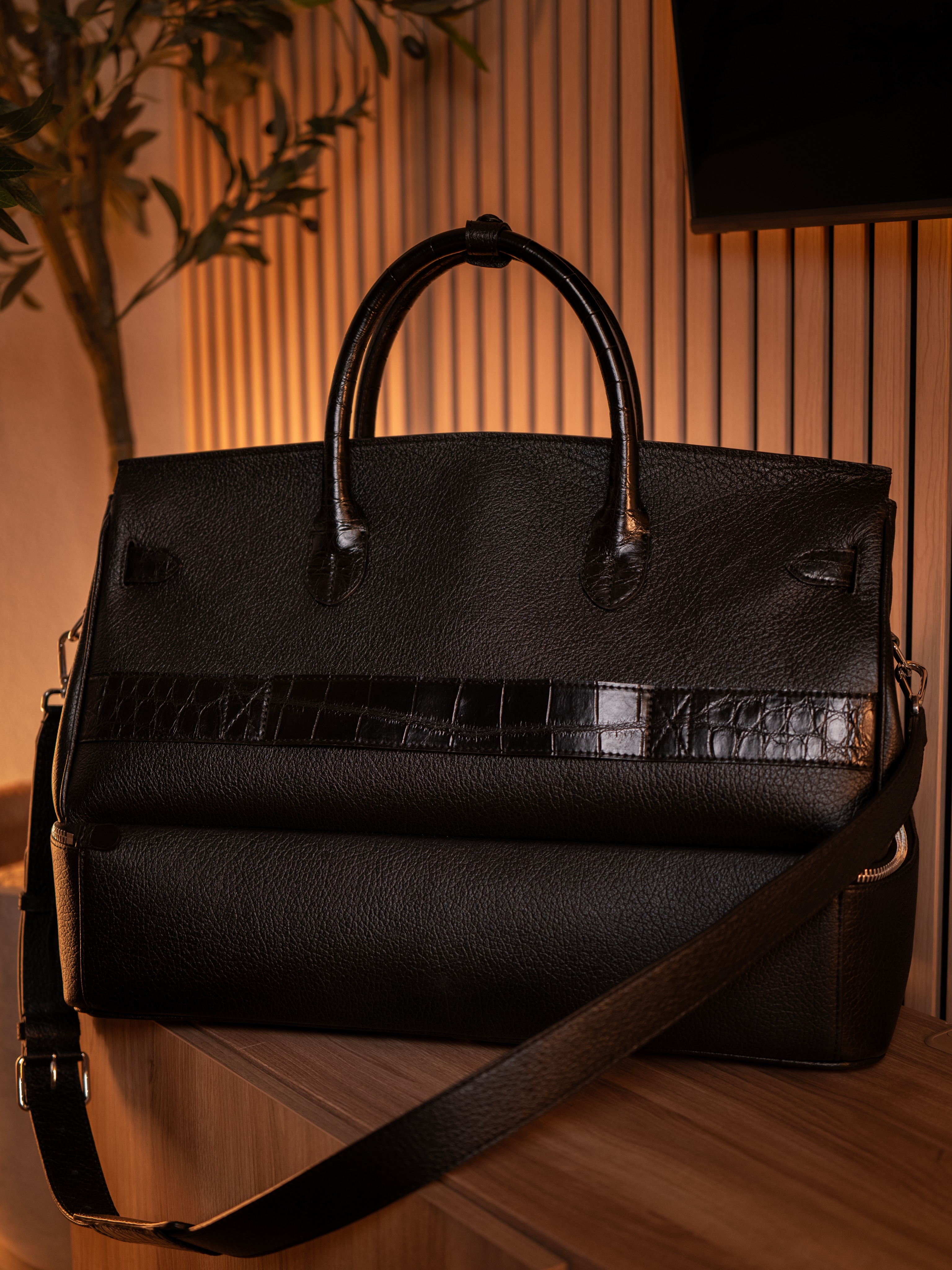 Multifunctional Laptop Bag in Platinum-Tone Crocodile-Embossed Leather