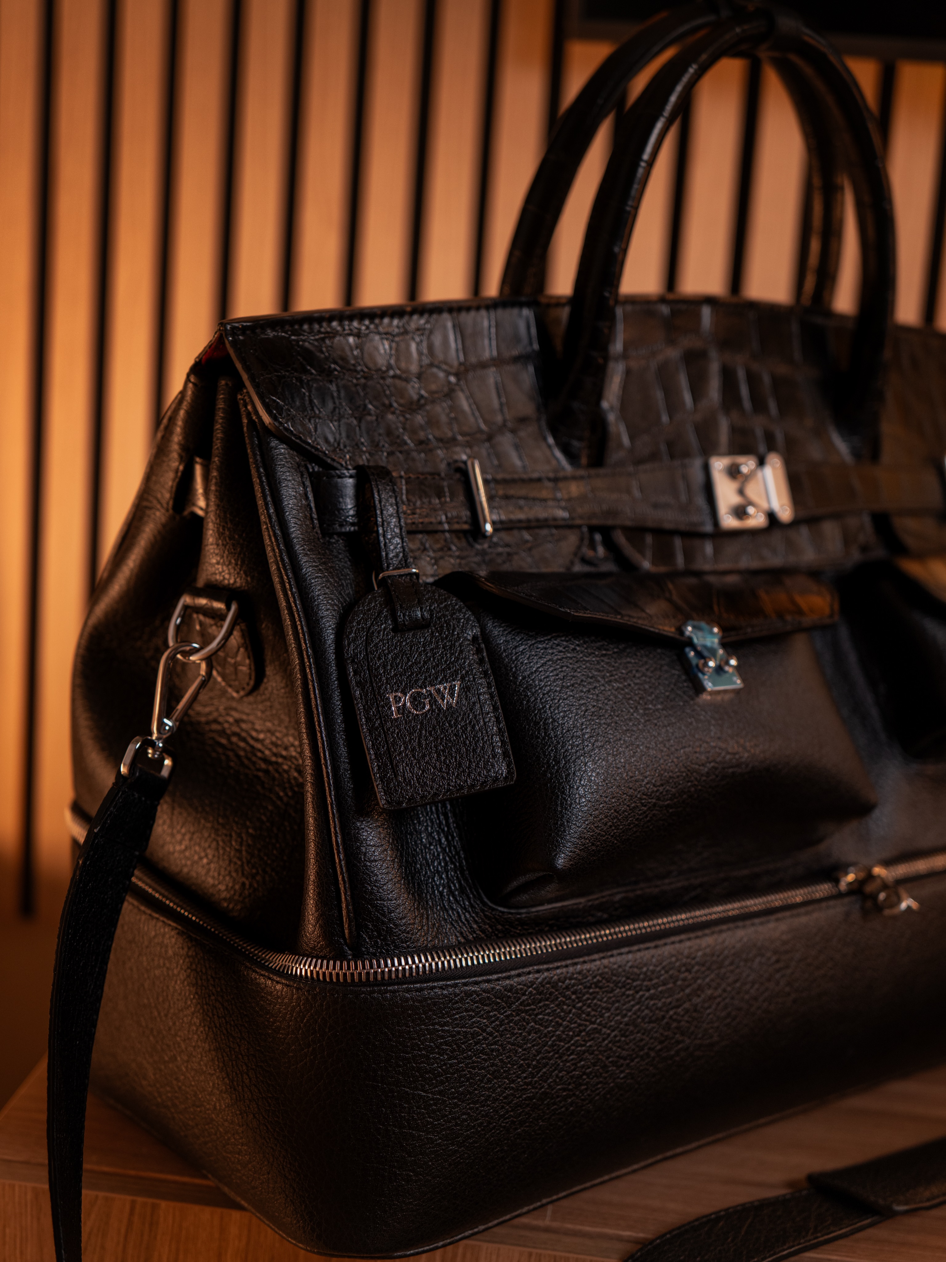 Multifunctional Laptop Bag in Platinum-Tone Crocodile-Embossed Leather