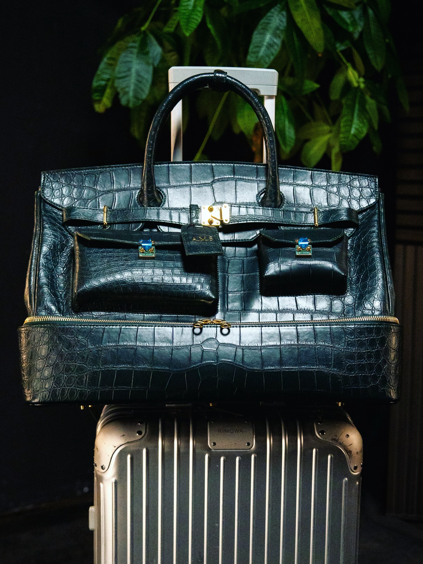 Multifunctional Laptop Bag in Platinum-Tone Crocodile-Embossed Leather