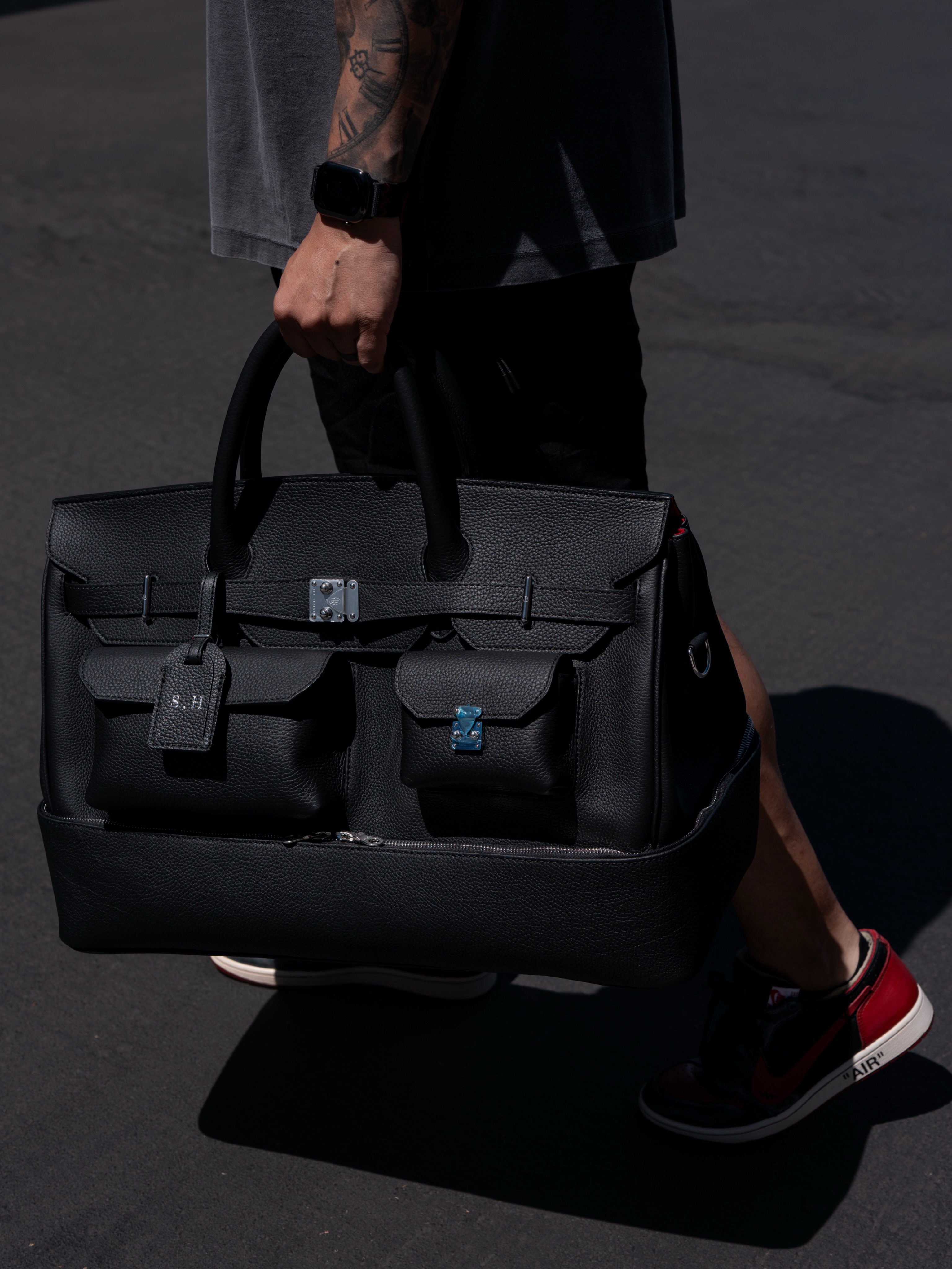 Multifunctional Laptop Bag in Platinum-Tone Crocodile-Embossed Leather