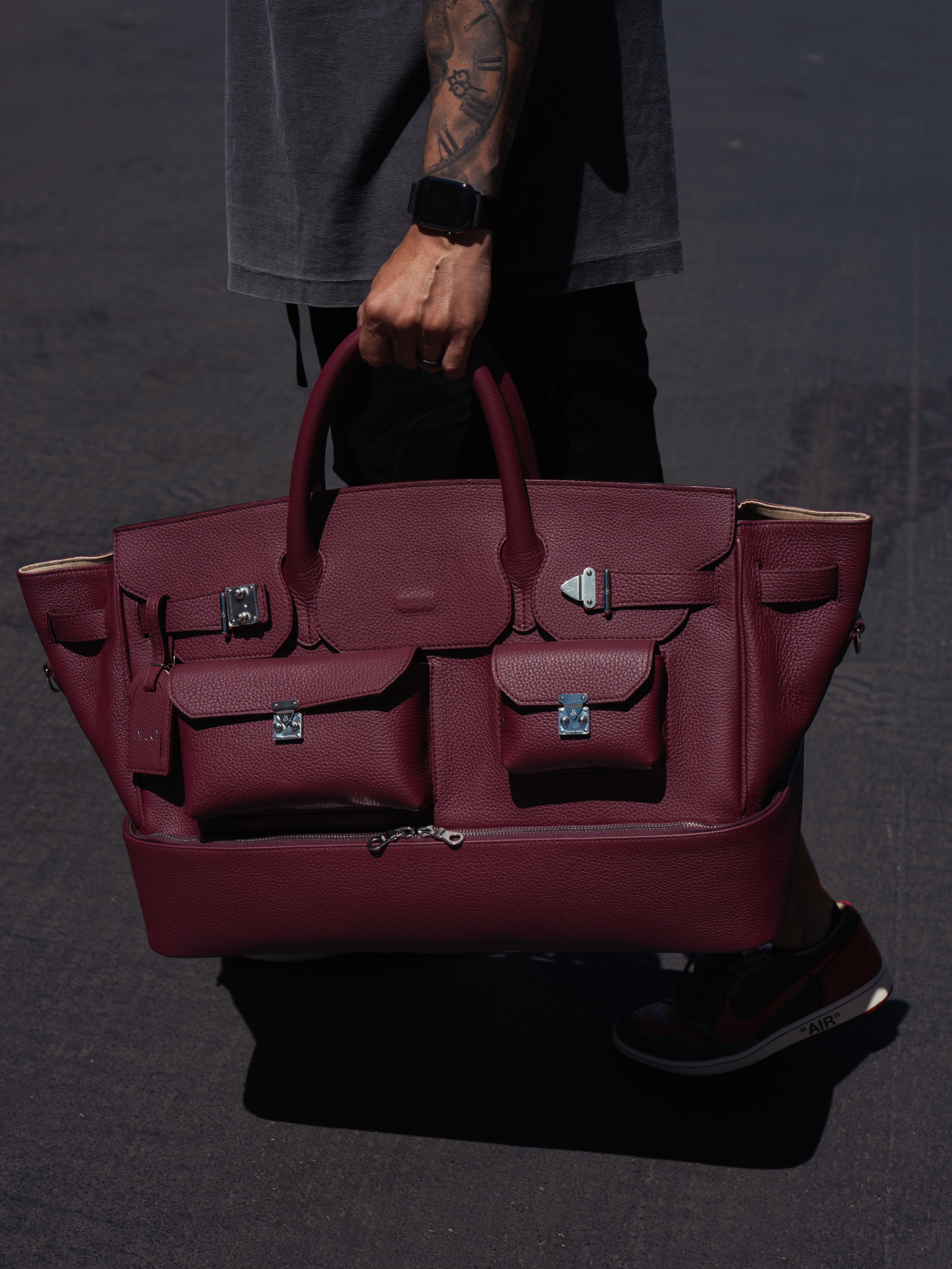 Multifunctional Laptop Bag in Platinum-Tone Crocodile-Embossed Leather