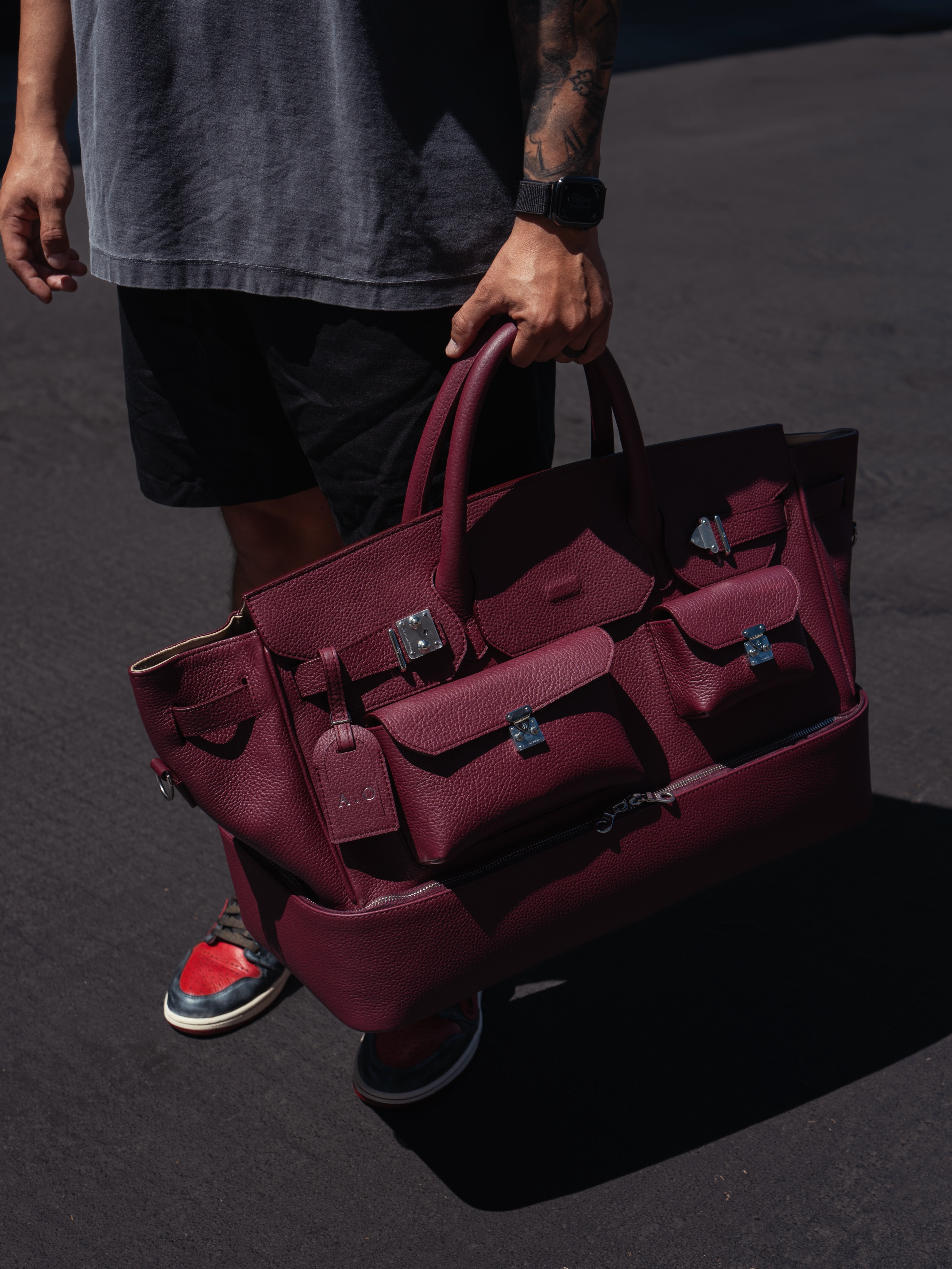 Multifunctional Laptop Bag in Platinum-Tone Crocodile-Embossed Leather